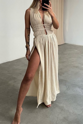 Braided Cinch Waist High Slit Sleeveless Maxi Dresses-Beige